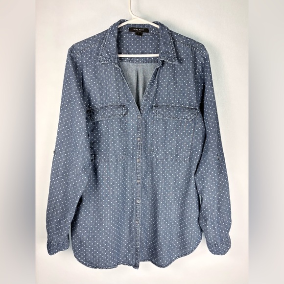 Nine West Tops - Nine West Chambray Polka Dot Button Down Shirt Women's size Large